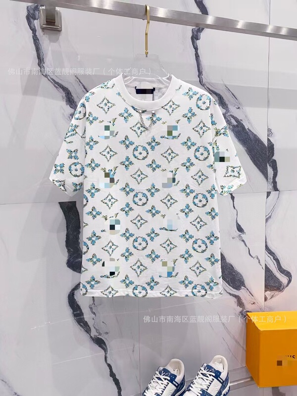 跨境奢潮驴家高品质L满印字母短袖潮牌外贸经典款圆领男女宽松T恤|undefined