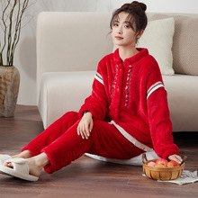 新年国风家居服冬季睡衣女珊瑚绒时尚休闲可外穿加厚保暖睡衣套装