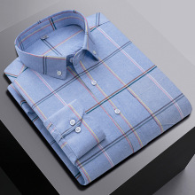 2024年春季新品全棉牛津纺长袖衬衫钮扣领休闲男装格子条纹纯衬衣