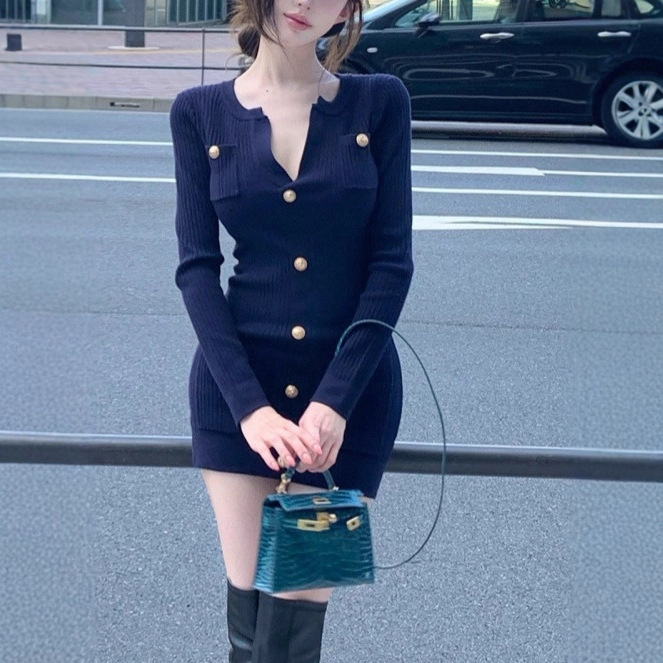 [Smart Balmain] Xiaoxiangfeng Qianjin Sexy Slim Waist Knitted Long-Sleeved Dress for Women New Autumn