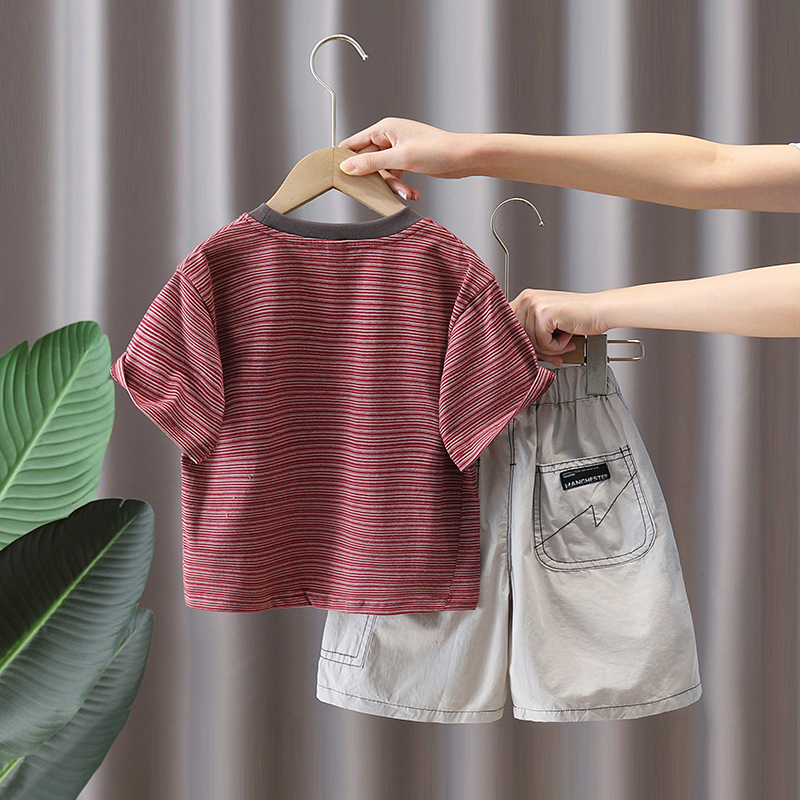 7368 Ropa para niños Traje de verano para niños Camiseta a rayas coreana para niños Verano Pantalones cortos de manga corta de moda de dos piezas Verano 5