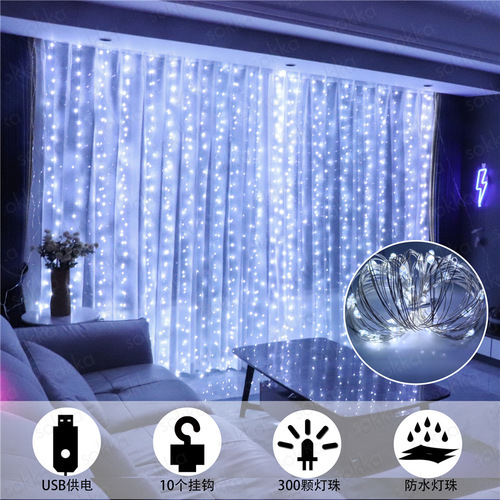 SOKKA Amazon 3x3 meter Hook Remote USB Plug-in Dormitory Curtain Decor LED Copper Wire Curtain Light