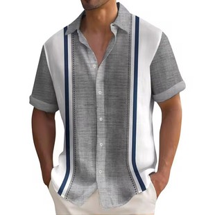 3D Digital Print Summer Striped Shirt Men Casual Short Sleeve Loose Hawaiian Laiar Shirt Cross Border