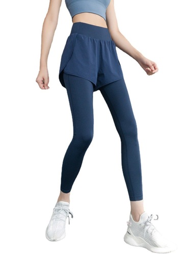 Sports trousers for women, high-waisted, hip-lifting, elastic, tight-fitting running outerwear, fake two-piece fitness pants, autumn quick-drying yoga pants