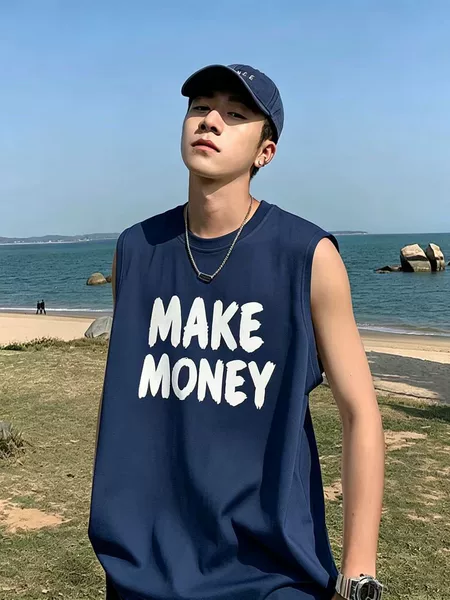 Men's English Print Sleeveless Vest Loose Sports Vest Summer Trendy Casual Foreign Trade Top