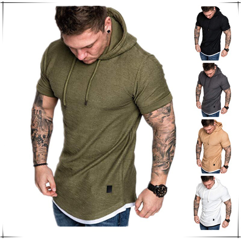 2023 new summer men's European and American men's hooded T-shirt foreign trade European size short sleeve T-shirt men