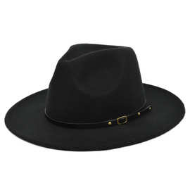 亚马逊新款毛呢礼帽爵士帽复古黑色羊毛呢爵士帽平檐大檐帽代发