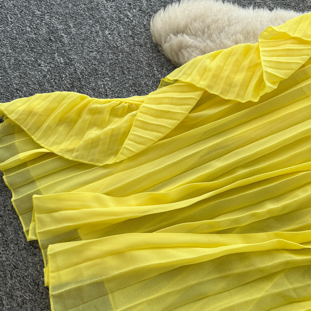 Yellow Strapless Sleeveless Long Dress Ruffled Halter Neck Design Loose Fit French Style Summery Feel Women's Clothing_ecoleips.com