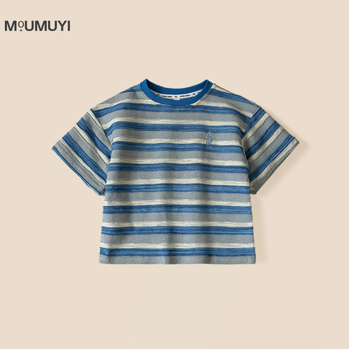 Boys striped short-sleeved suit 2025 new small and medium-sized children's summer Korean version casual short-sleeved mid-trouser two-piece set