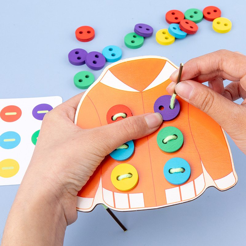 Ropa de educación temprana para niños cuerda atada cordones juguetes educativos niños y niñas bebé coordinación mano-ojo botones de madera