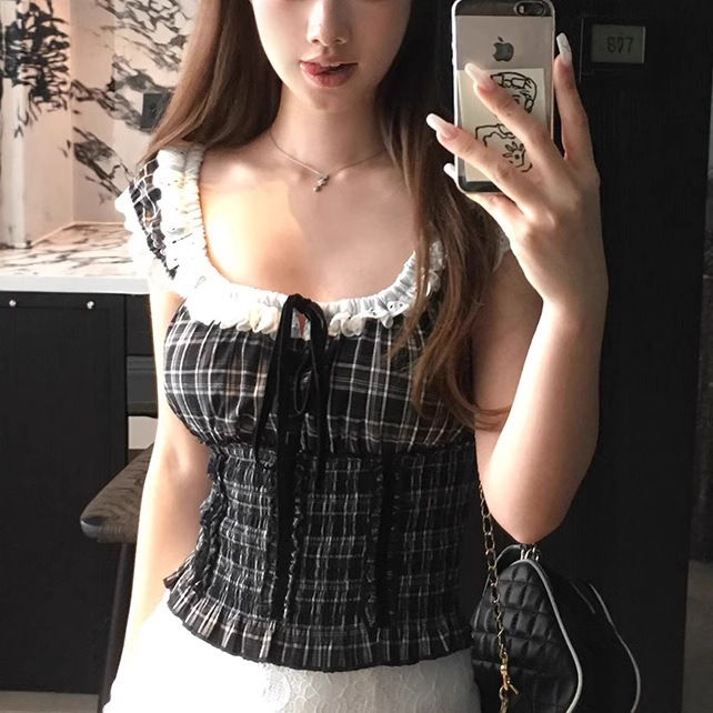 Chestnut Can Bankelili 'Ancient Love Talk' Velvet Lace-up Plaid Sleeveless Shirt Women