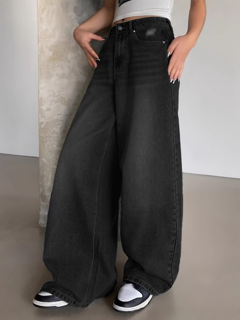 American-style Water-washed Blue Wide-leg Super-long Trailing Jeans Women's Ripped Loose Wide-leg Casual Pants