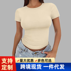 2025年アマゾン欧米風レディースTシャツ、スリムフィット、丸首、タイトトップス、卸売、アイスクリームカラー系