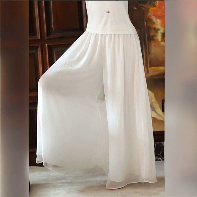 White chiffon double-layer wide-leg pants, vintage-style, loose-fitting yoga meditation pants, beach women's long skirt-pants, tea attire pants White chiffon double-layer wide-leg pants, vintage-style, loose-fitting yoga meditation pants, beach women's long skirt-pants, tea attire pants