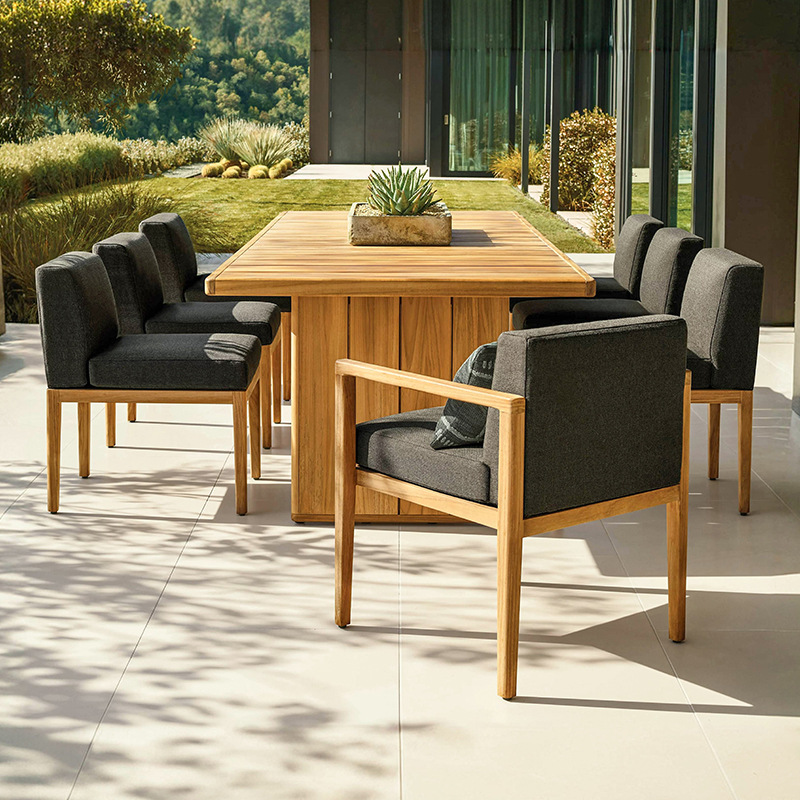 Mesa y sillas de madera maciza al aire libre patio villa terraza mesa larga de madera hotel jardín alojamiento residencial impermeable tablas y sillas de teca solar