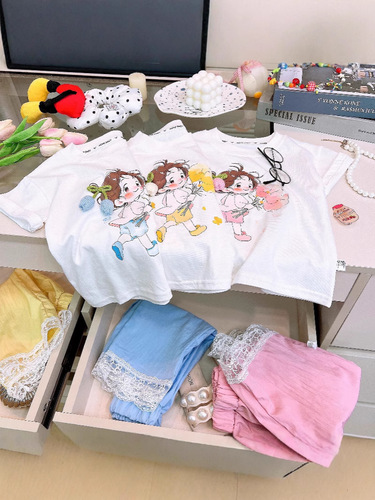 【Parent-child set】Summer pure cotton girls breathable 3D printed small flowers tulips A-class fashionable short-sleeved
