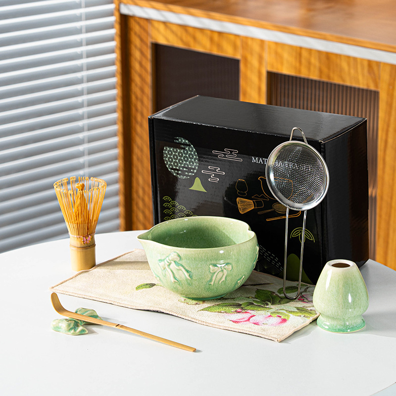 跨境专供新款抹茶碗带嘴陶瓷日式抹茶套装彩盒7件套爱心百本立|undefined