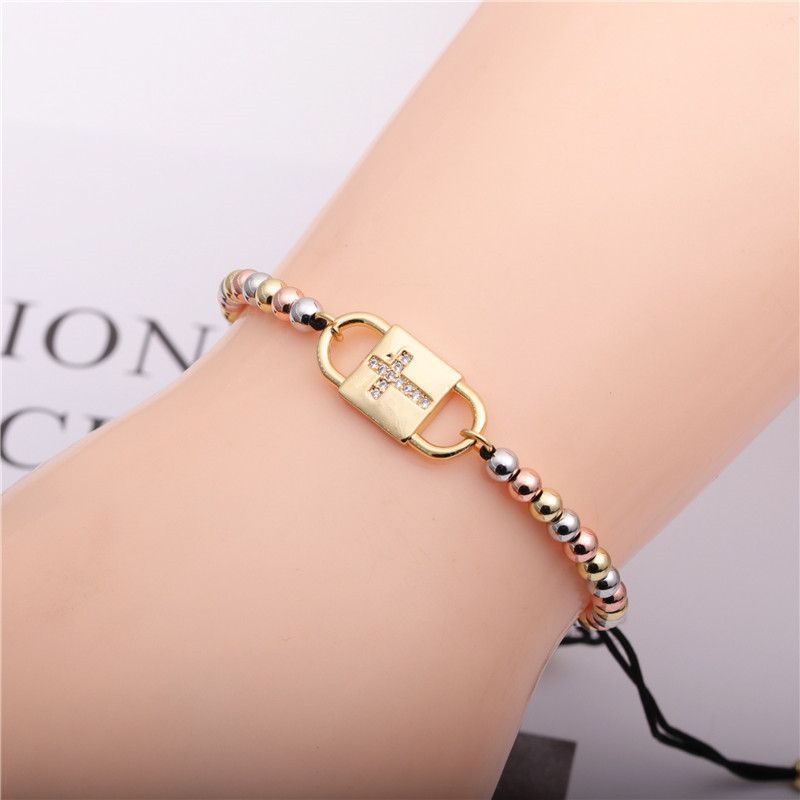 Simple 4mm Mixed Color Copper Beads Black Rope Chain Cross Adjustable Bracelet display picture 5