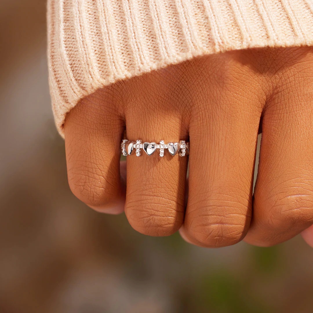 Daily Occasion 925 Sterling Silver Material 1 Piece 925 Sterling Silver Cross Heart Shape Zircon Rings