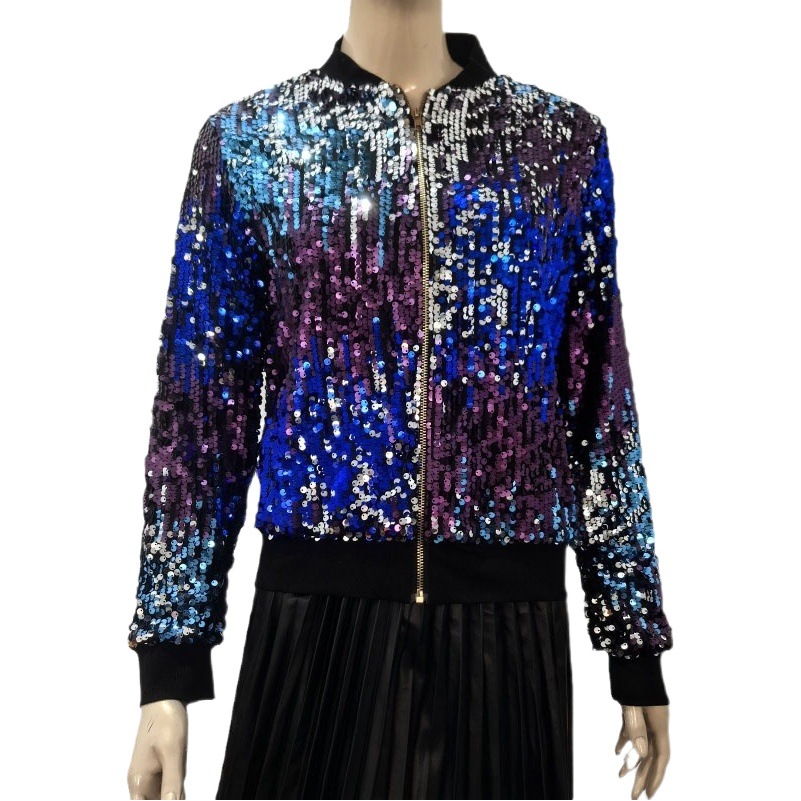 El comercio exterior de Europa y América las nuevas mujeres Top Amazon moda lentejuelas oro personalidad cremallera corta chaqueta abrigo para mujeres