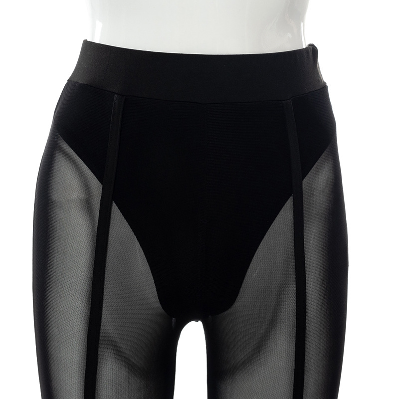 Pantaloni sportivi casual aderenti con vita alta e fianchi in rete sexy trasparenti da donna, primavera e autunno_voghion.com