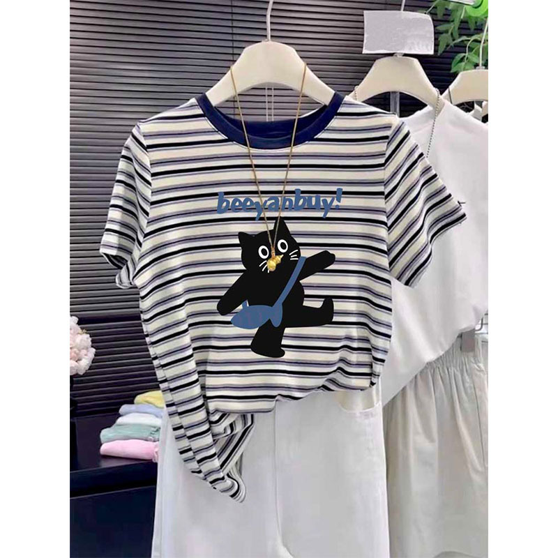 Trendy Domestic Brand Striped Color-Block Short-Sleeve T-Shirt for Women, Summer Stylish Versatile Top, Outerwear or Base Layer Trendy Domestic Brand Striped Color-Block Short-Sleeve T-Shirt for Women, Summer Stylish Versatile Top, Outerwear or Base Layer