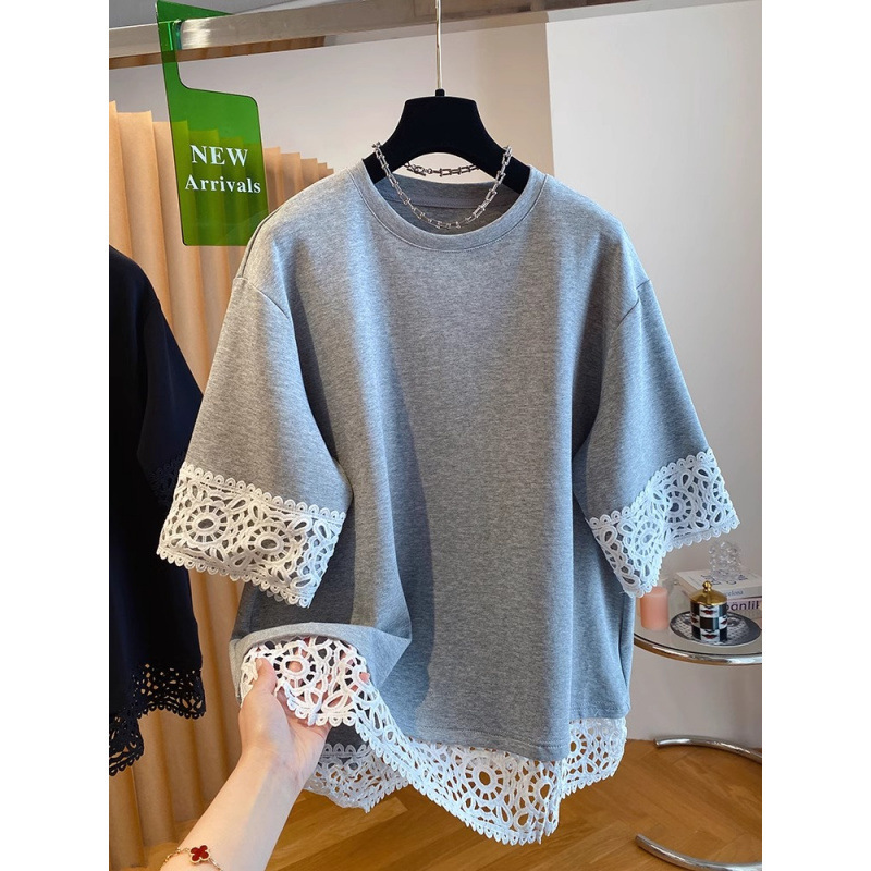 Fat Sister 120.00kg plus size Chic Design Hollow Lace Short-sleeved Top Women's Summer Loose All-match T-shirt