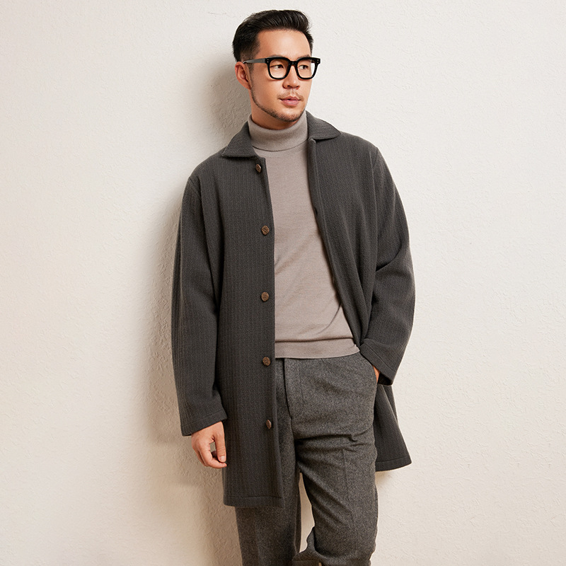 2025 가을 겨울 신상 남성용 순수 캐시미어 코트 두꺼운 고밀도 독립 시리즈 니트 물결무늬 캐시미어 재킷
