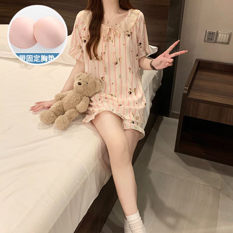 Pijamas con almohadilla fija para el pecho para mujer verano nuevo traje de manga corta de algodón de nube estilo coreano suelto, dulce y lindo servicio a domicilio