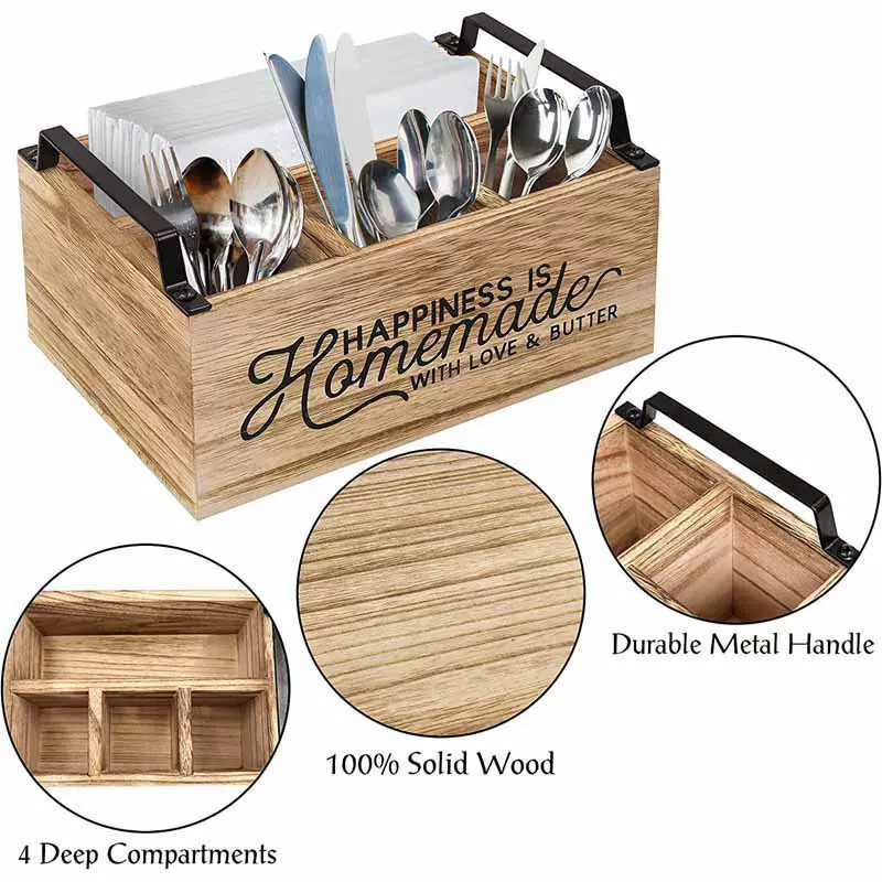 木质厨房餐具收纳盒现代简约厨房杂物整理盒可手提分格刀叉储物盒