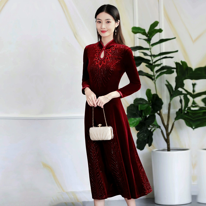 Китайское красное бархатное праздничное длинное платье трапециевидной формы для похудения, банкетное свадебное платье больших размеров