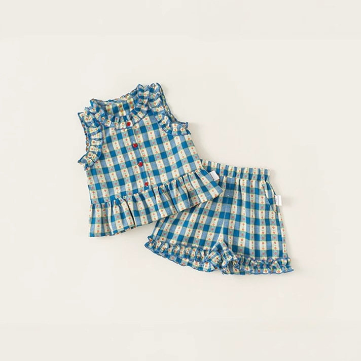 New Baby Girl's Fashionable Plaid Two-Piece Set, Fashionable Sleeveless Lace Plaid Vest, Summer Shorts, Girl's Suit