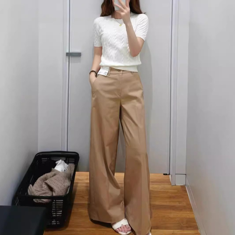 U Day Single Women's Casual Wide Leg Cotton Blended All-match Trousers with Elasto Waist Slimming Straight Leg Pants Wide Leg Pants 469828