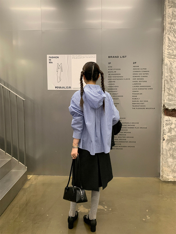 le rouge周美美 新学院主义蓝白格子可拆卸连帽翻领衬衫|undefined