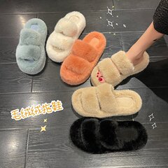 毛毛拖鞋女網紅外穿2022秋冬韓版百搭懶人一字拖大碼舒適軟底棉拖