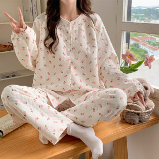 Air Cotton Pregnant Women's Pajamas Women's Autumn and Winter Thickened Long-sleeved Home Clothes suit Spring and Autumn Prenatal and Postnatal Breastfeeding Clothing