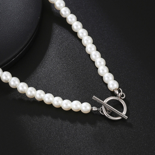 Cross-border best-selling stainless steel OT clasp imitation pearl necklace with a touch of gothic style, unisex lockchain with a hip-hop pearl necklace.