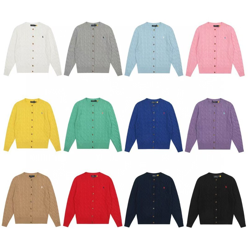Scannable Qr Code Rl~2025 Autumn/Winter Ralph Lauren Logo Braided Button Embroidered Wool Crew Neck Simple Knit Cardigan