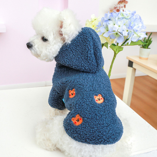 Pet dog clothes autumn and winter warm feet hooded hooded embroidered bear embroidered pattern lamb velvet hooded jacket