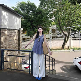 法式小个子蓝色格子无袖背心上衣女小众设计感宽松显瘦娃娃衫夏季