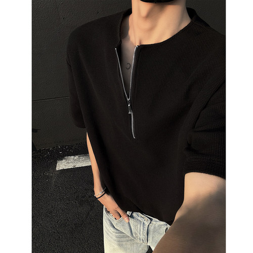 Waffle half-zipper t-shirt, men's short-sleeved, summer fashionable, handsome men's summer style, American Henry's shirt, half-sleeve, T-shirt.