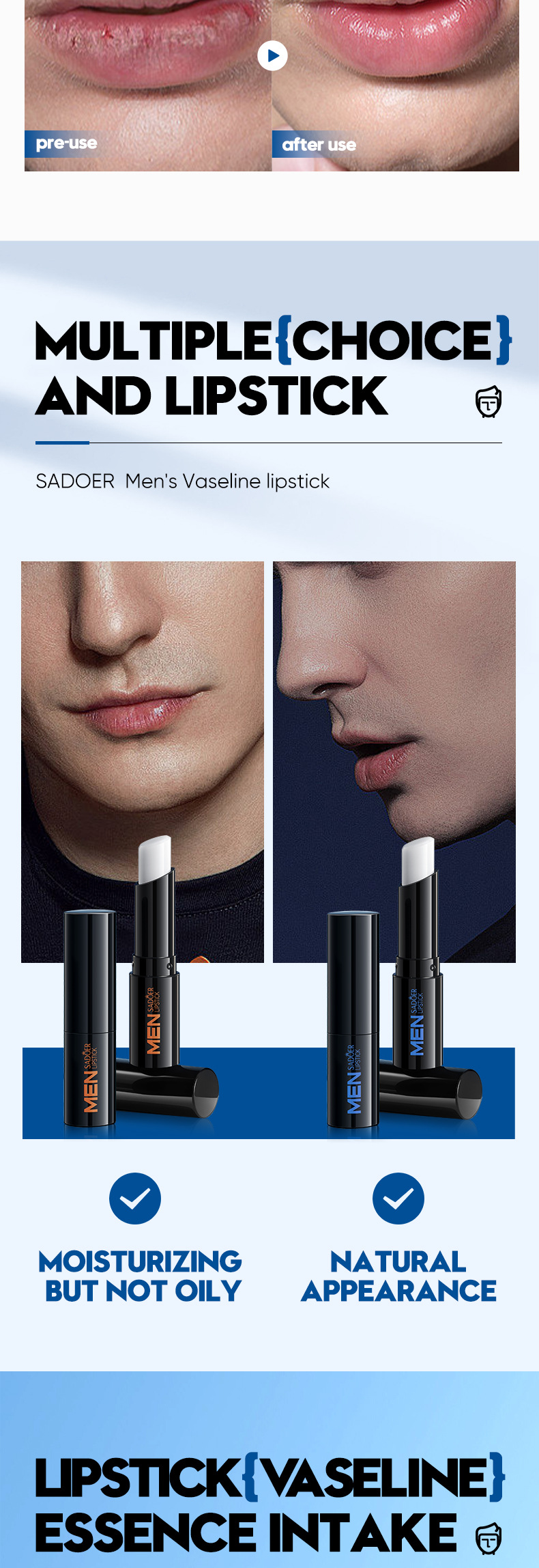 SADOER Alle Herre Squash Grass Carp Vaseline Læbestift Forbedrer Tør Hudplejeprodukter i Efterår og Vinter_voghion.com