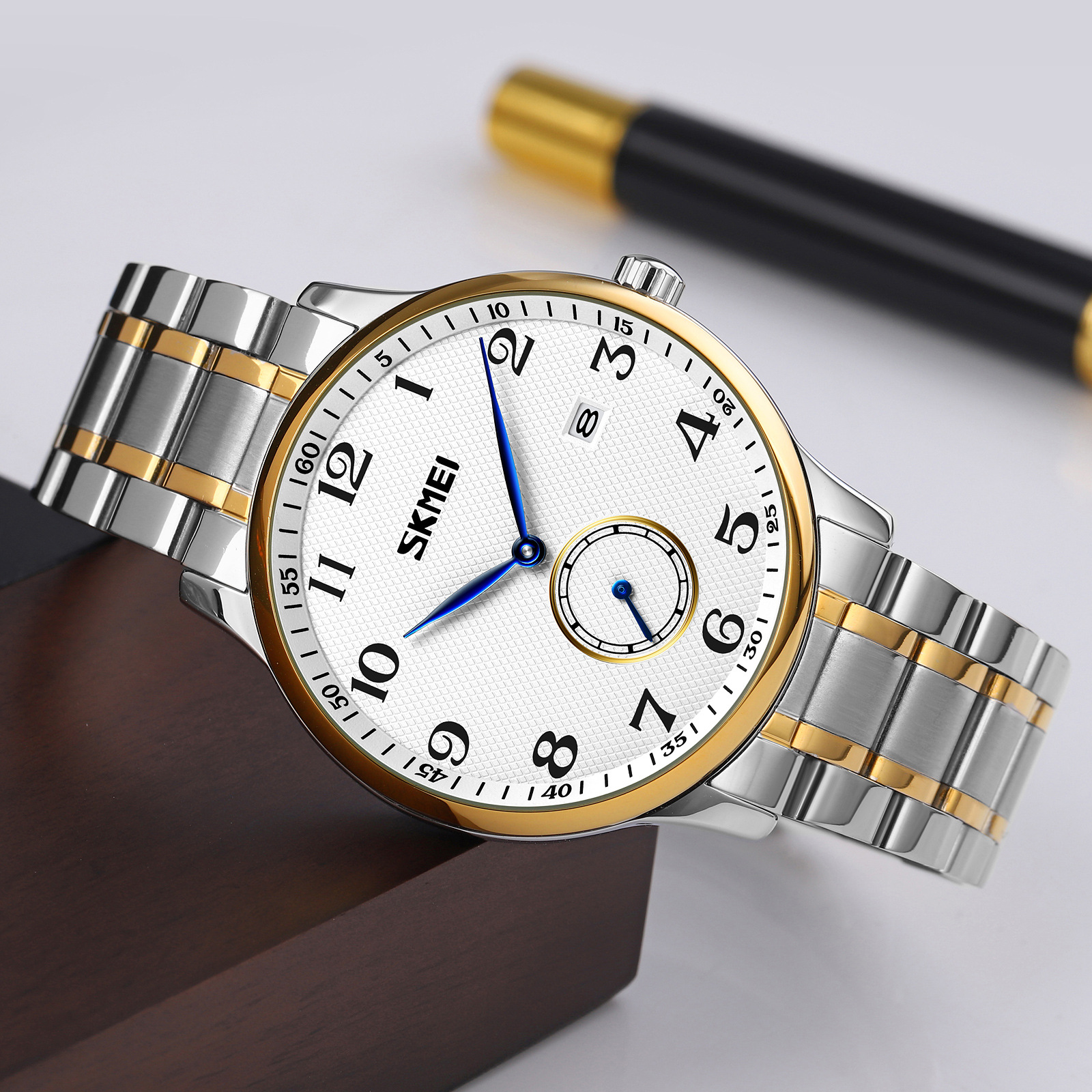 Momento de acero sólido reloj de hombre calendario de números árabes relojes de negocios comercio exterior regalos al por mayor personalizados