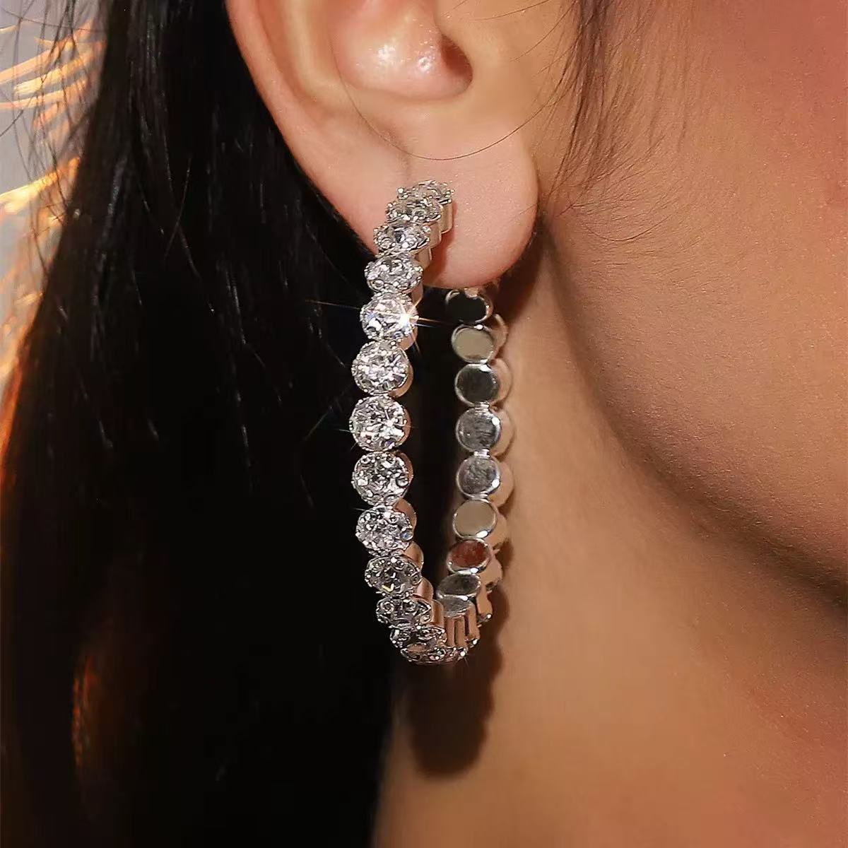 Cross-Border European and American Wedding Dinner Bridal Earrings Single Row Diamond Full Diamond Earrings Fashionable and Elegant Set Earrings
