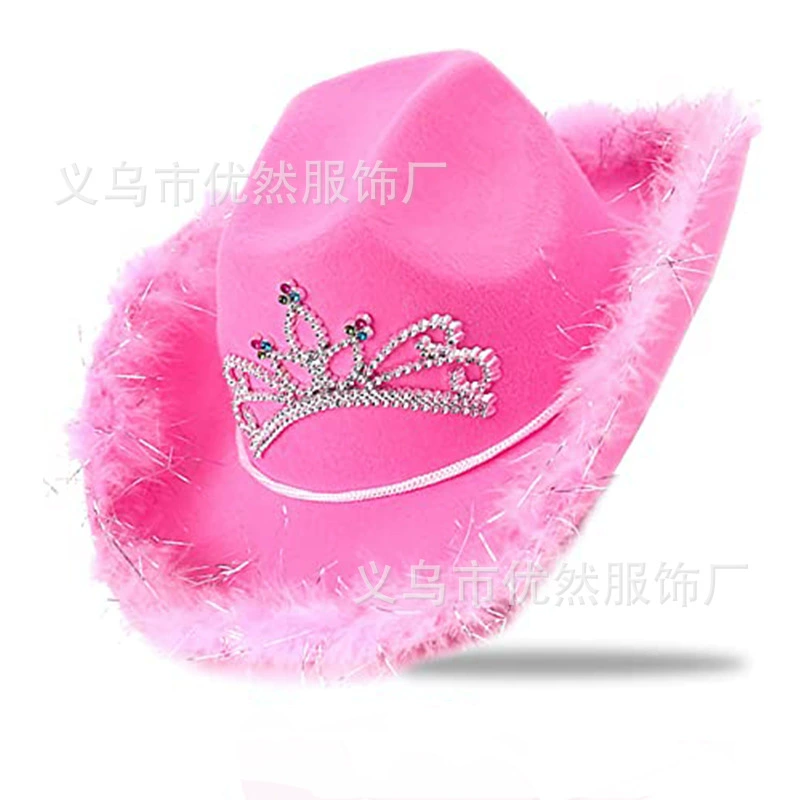 Cowboy Hat Pink Crown, non-woven with silver trim & rhinestone crown, fringed brim