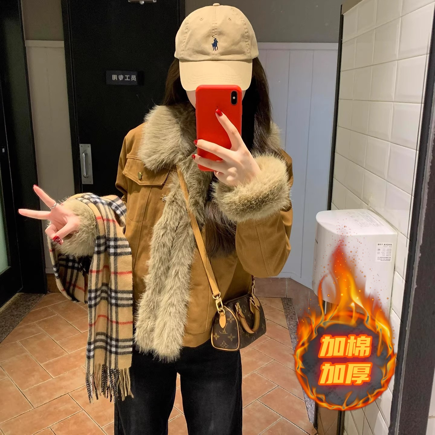 Denim Jacket Women's Autumn and Winter Thickeneded Short High-End Brown Maillard Top Spliced Fur Jacket Cotton Jacket