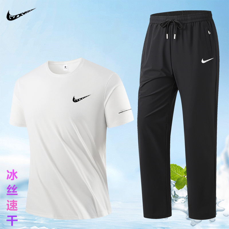 Ice Silk Quick-Dry Men's Two-Piece Set Trendy Casual Short-Sleeve T-Shirt and Long Pants Summer Thin Men's Sportswear