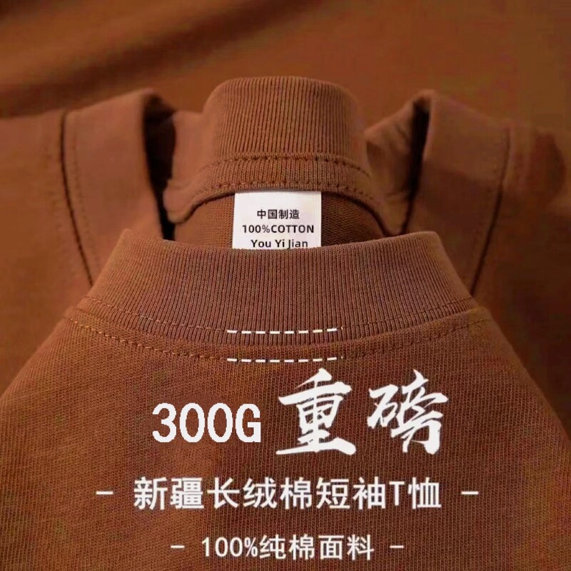 Retro Brown 300g Heavy Combed Cotton Short-Sleeved T-Shirt for Men Loose Round Neck Simple Off-Shoulder Casual Half-Sleeved Women