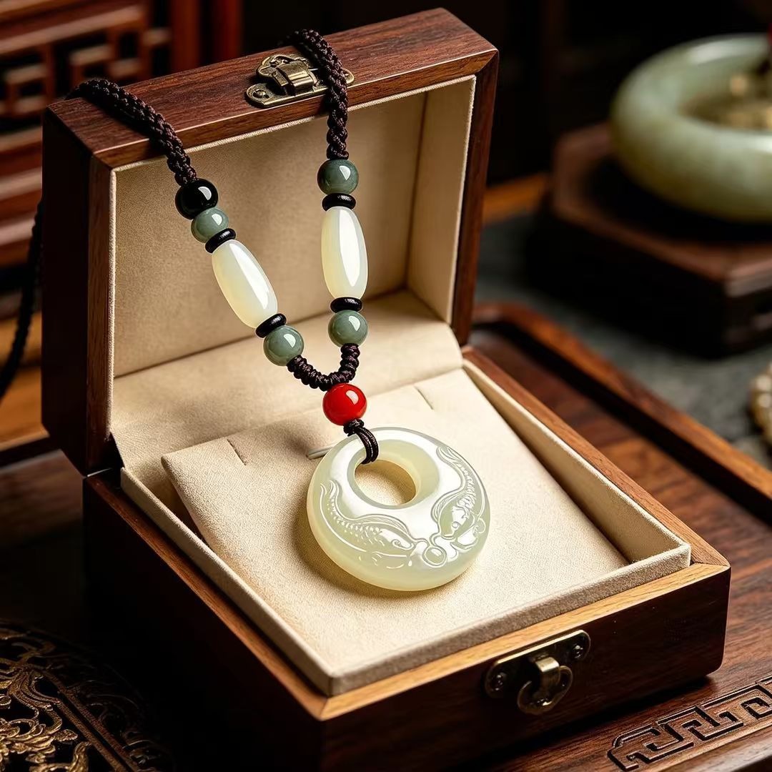 New Chinese-Style Imitation Hetian Jade "Year after Year of Abundance" Necklace Pendant Sweater Chain Jade Pendant Unisex Necklace