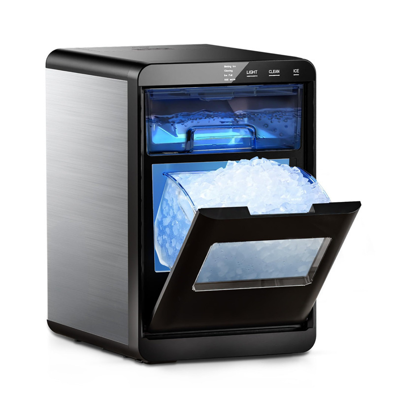 Household desktop ice maker produces 44 pounds of pebble-shaped ice cubes per day with removable water tank ice basket